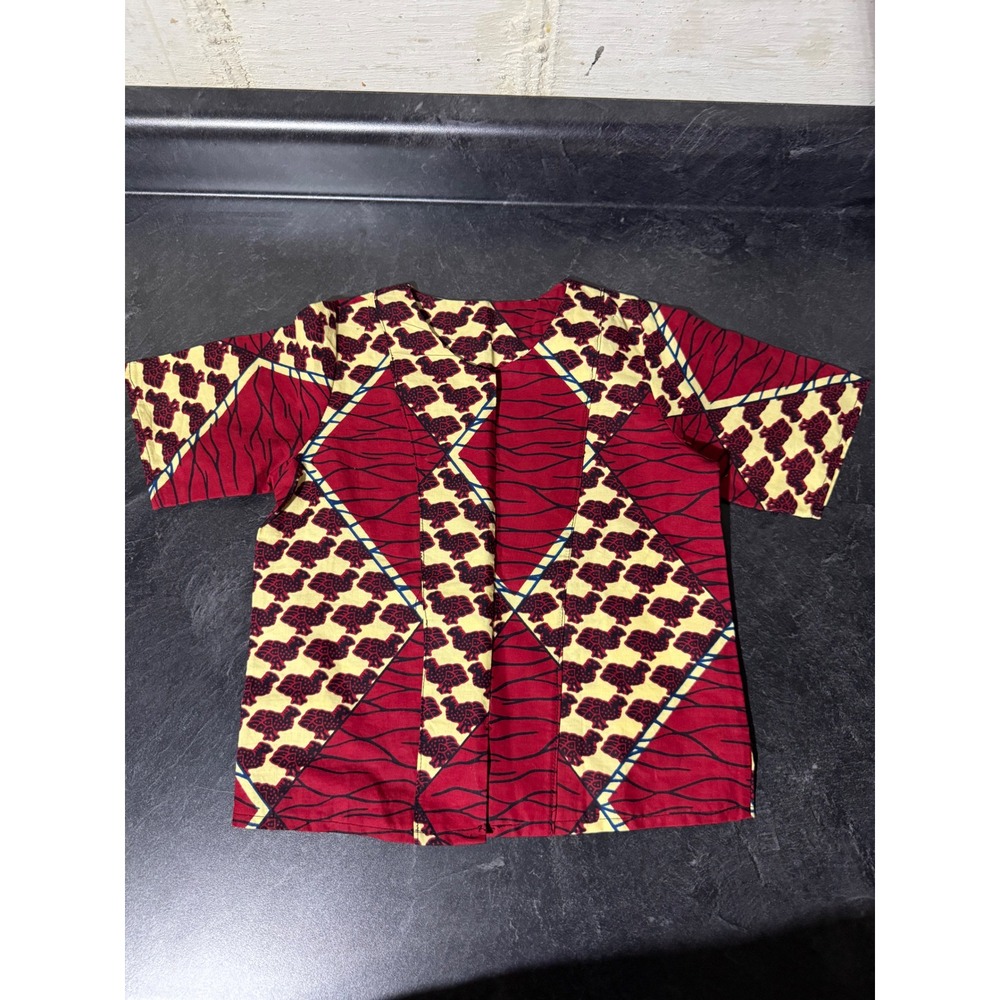 Handmade Kids African Wax Print Ankara Bird Geometric Shirt Burgundy Ethnic Folk